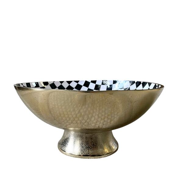 Black & White Checkered Enameled Gold Metal Bowl 10" Made in India NEW - Picture 5 of 16